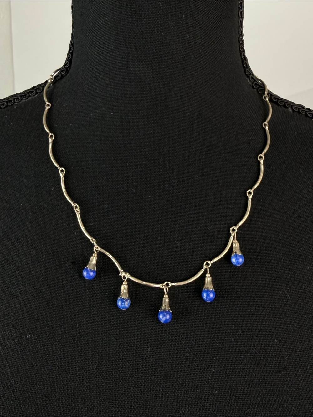 Vintage Carolyn Pollack 925 Sterling Silver Blue Lapis Squash Blossom Necklace